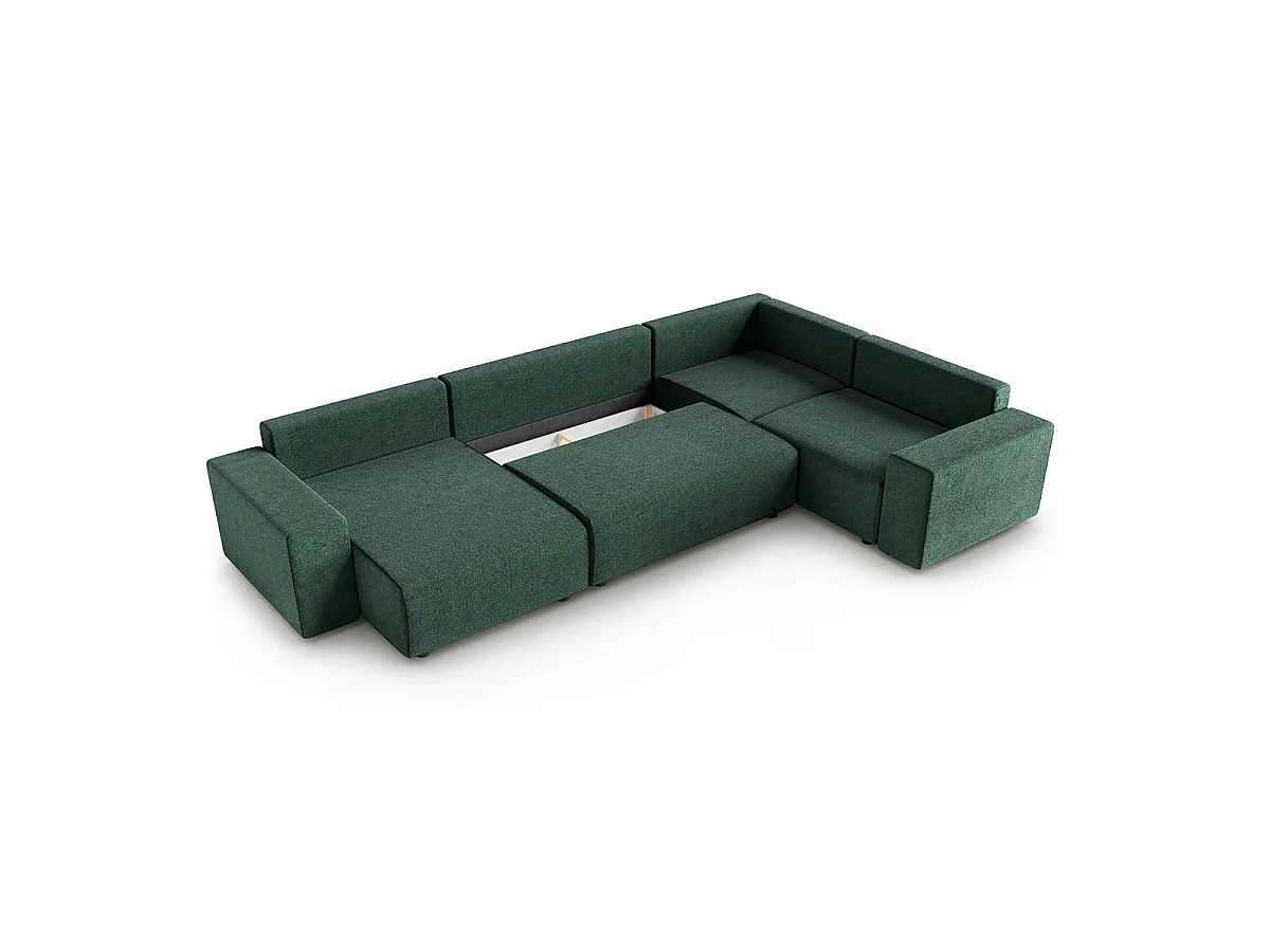 Canapé d'angle panoramique convertible 5 places avec coffre en tissu vert LORENZO