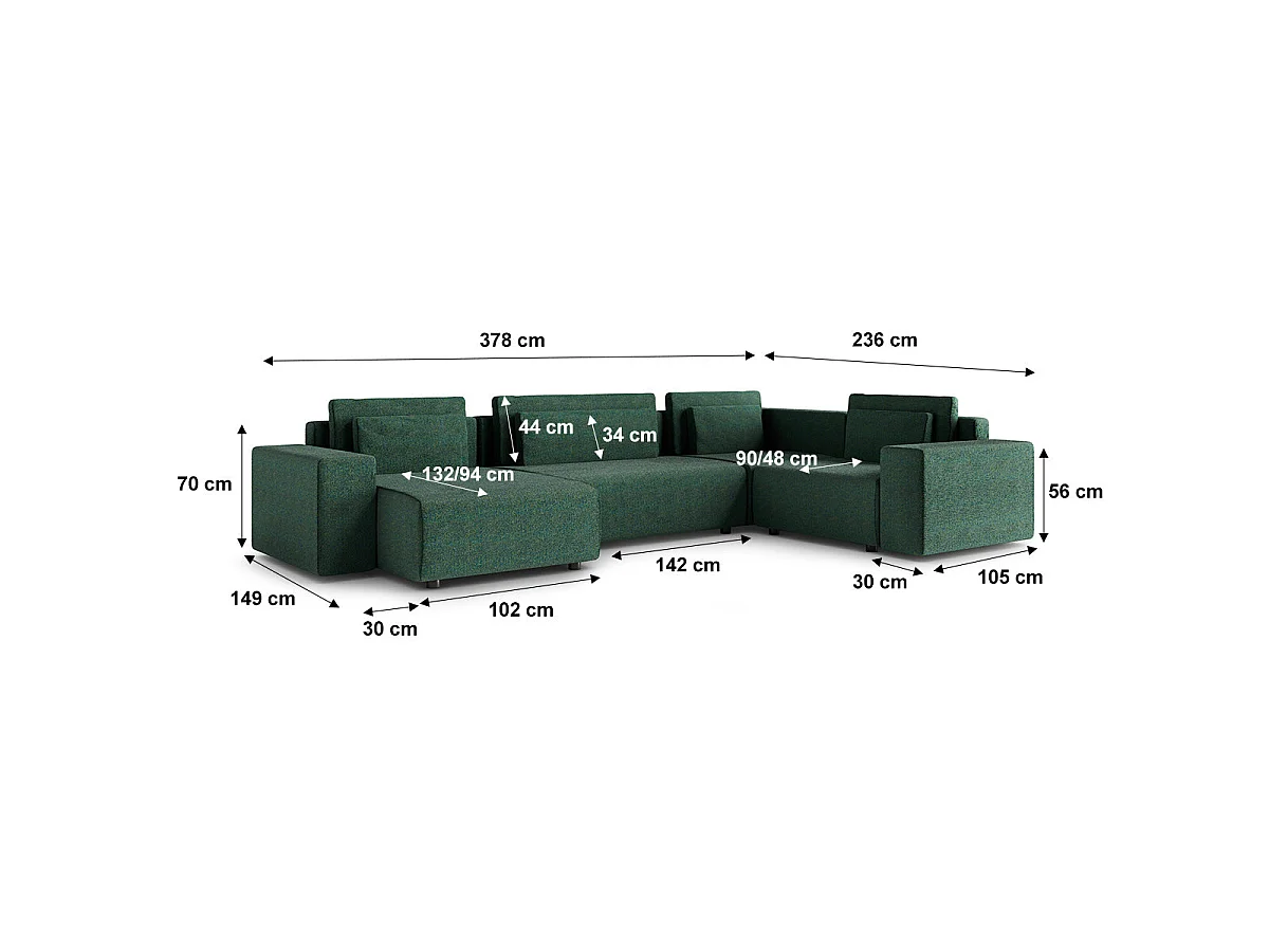 Canapé d'angle panoramique convertible 5 places avec coffre en tissu vert LORENZO