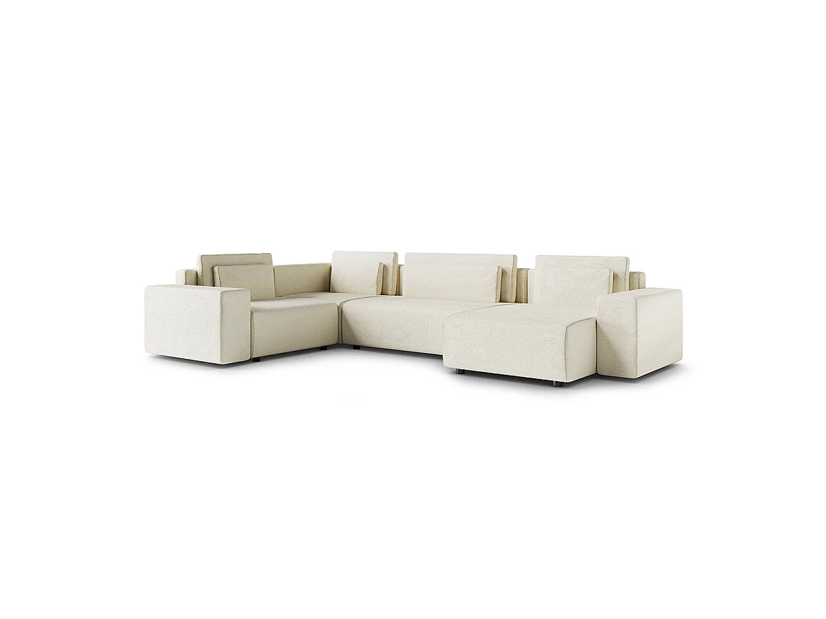Canapé d'angle panoramique convertible 5 places avec coffre en tissu blanc LORENZO