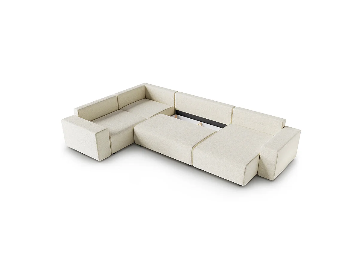 Canapé d'angle panoramique convertible 5 places avec coffre en tissu blanc LORENZO