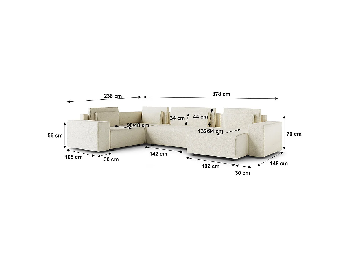 Canapé d'angle panoramique convertible 5 places avec coffre en tissu blanc LORENZO