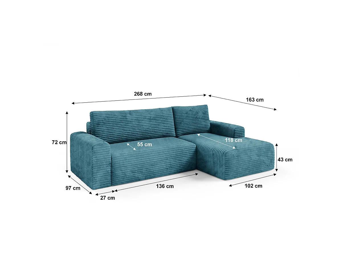 Canapé d'angle droit convertible 3 places avec coffre Romeo Bleu