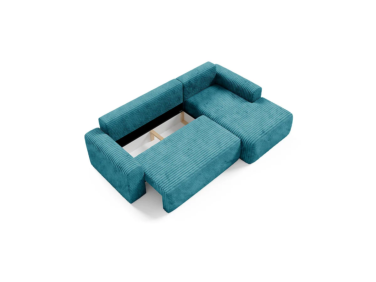 Canapé d'angle droit convertible 3 places avec coffre en tissu bleu ROMEO