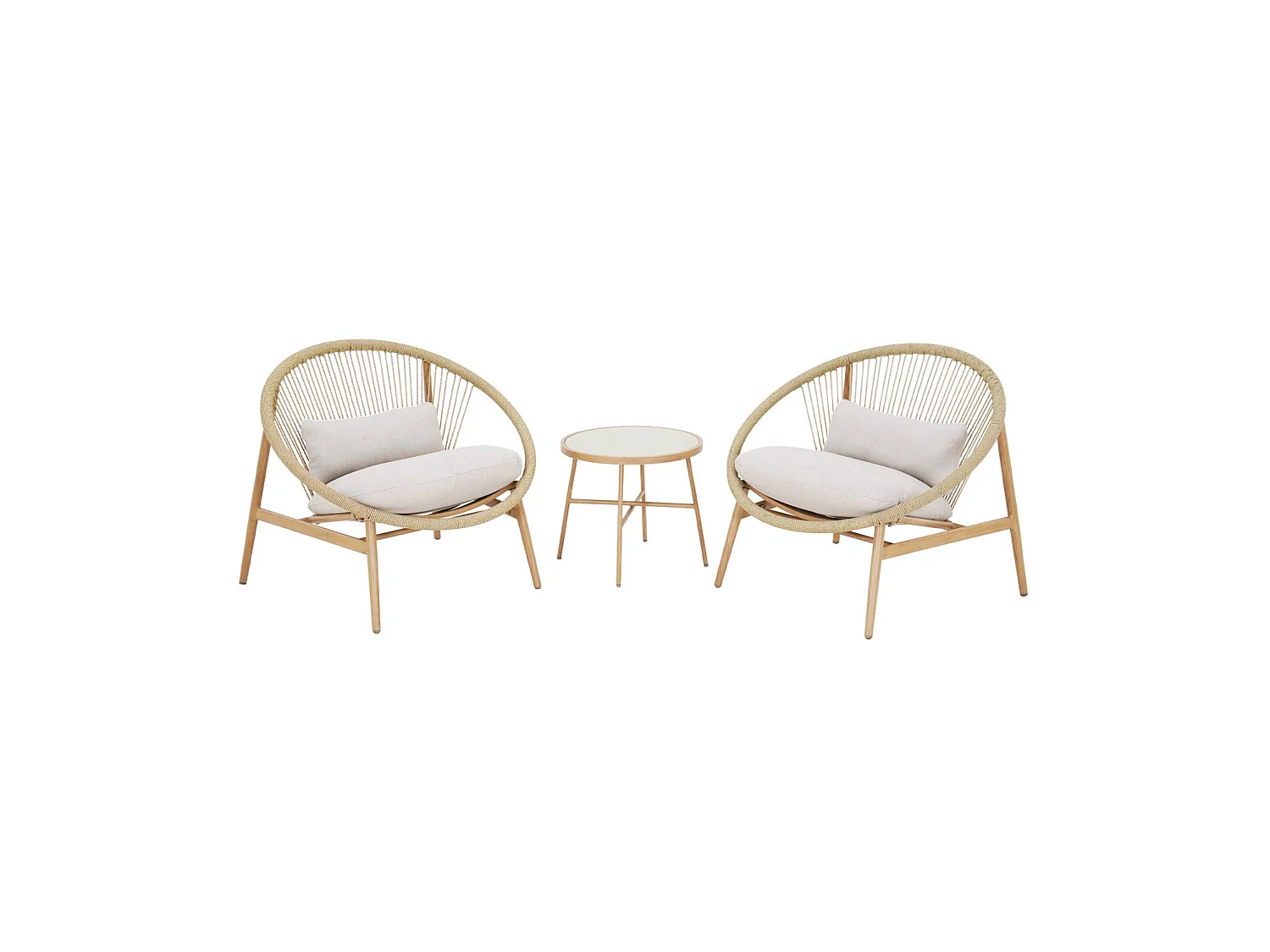 Set 2 poltrone da giardino con tavolo in acciaio e rattan, beige