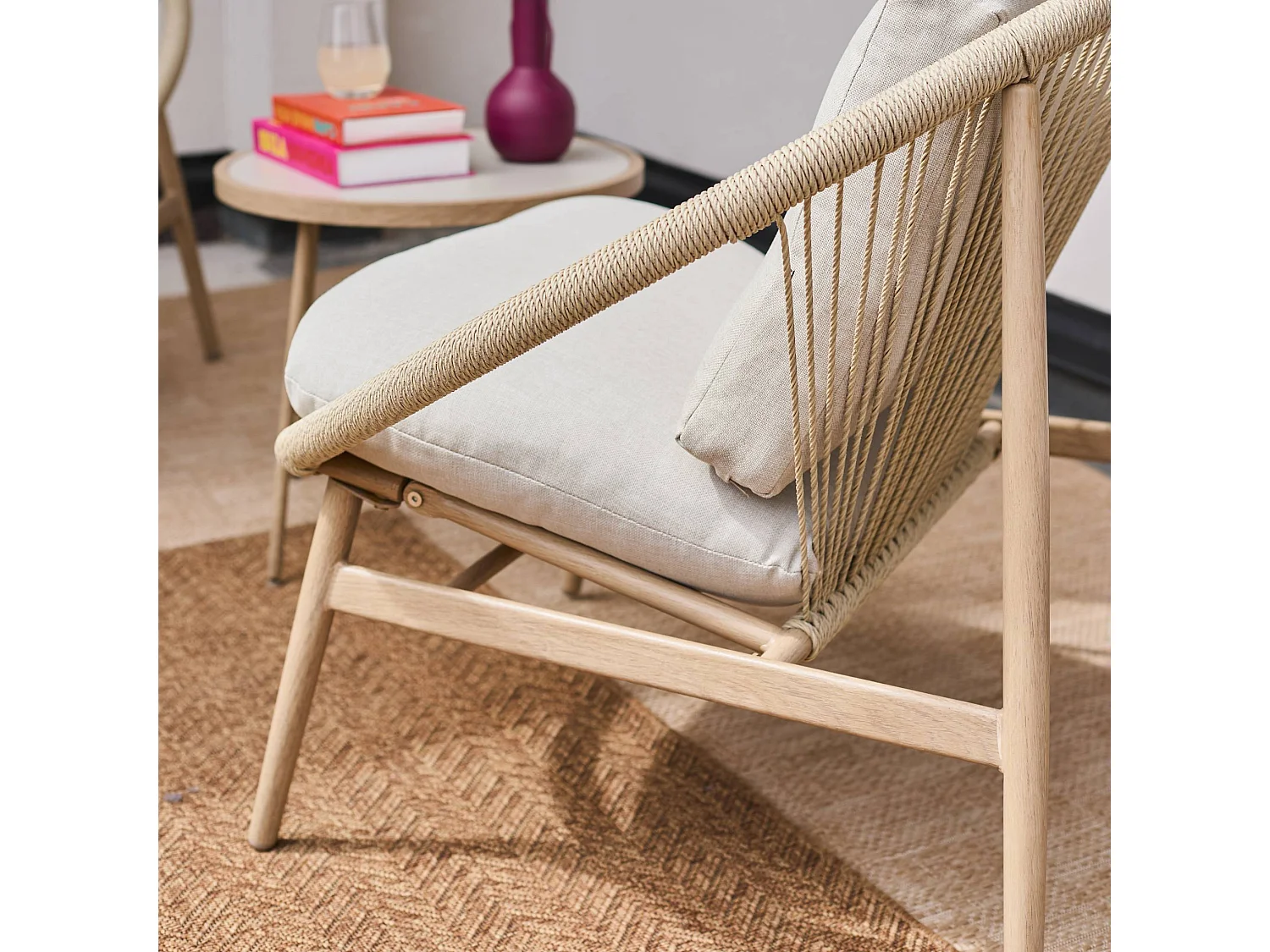 Set 2 poltrone da giardino con tavolo in acciaio e rattan, beige