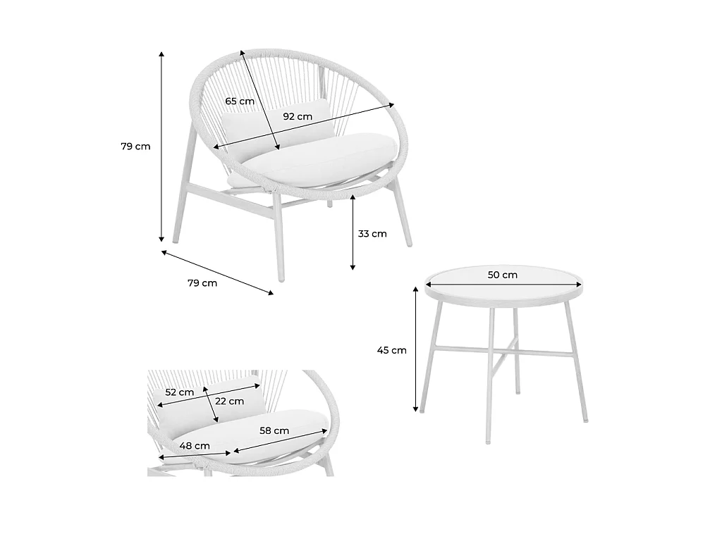 Set 2 poltrone da giardino con tavolo in acciaio e rattan, beige