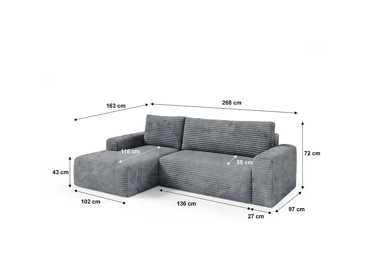 Canapé d'angle gauche convertible 3 places avec coffre Romeo Gris foncé