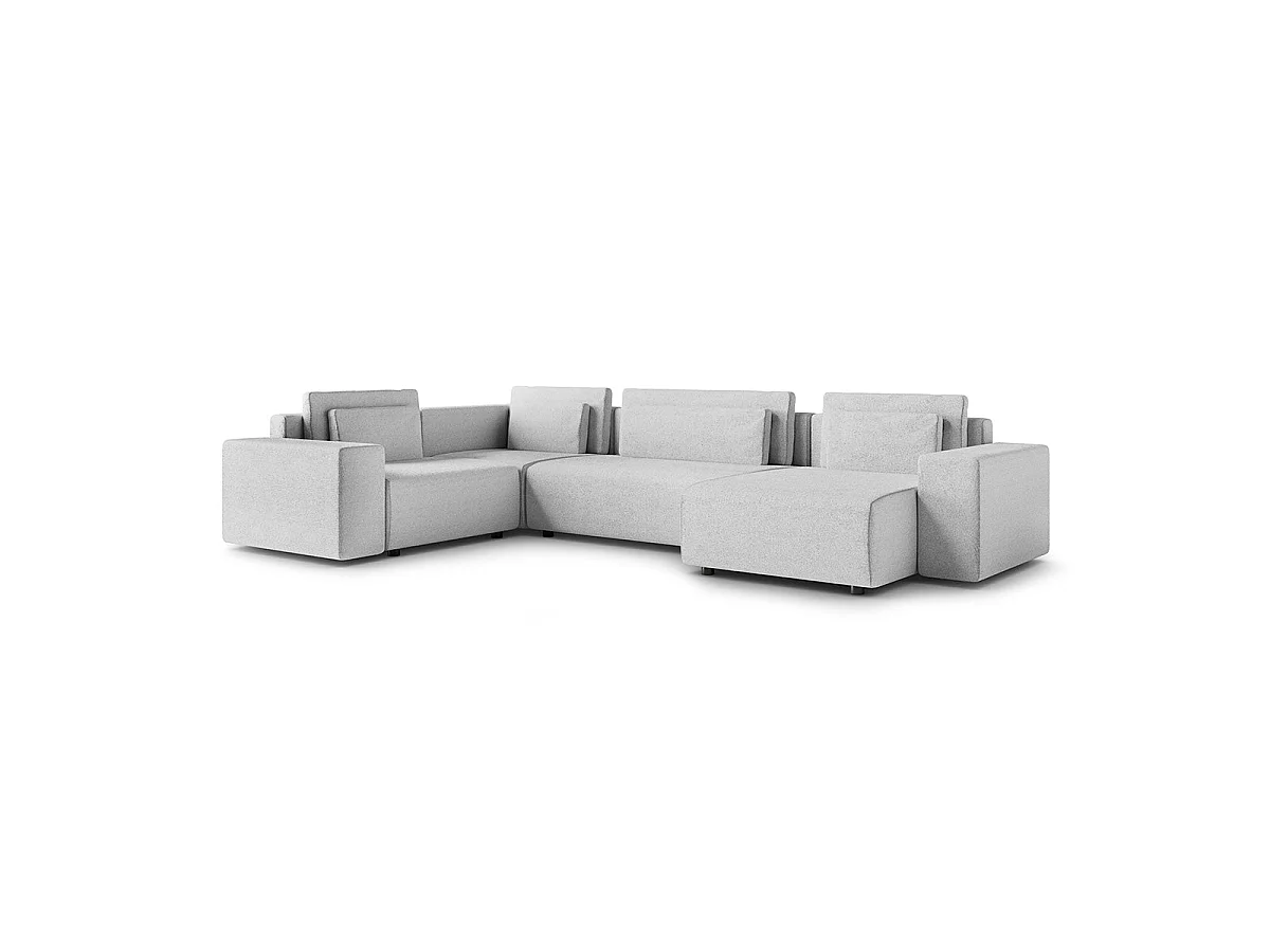 Canapé d'angle panoramique convertible 5 places avec coffre en tissu gris clair LORENZO