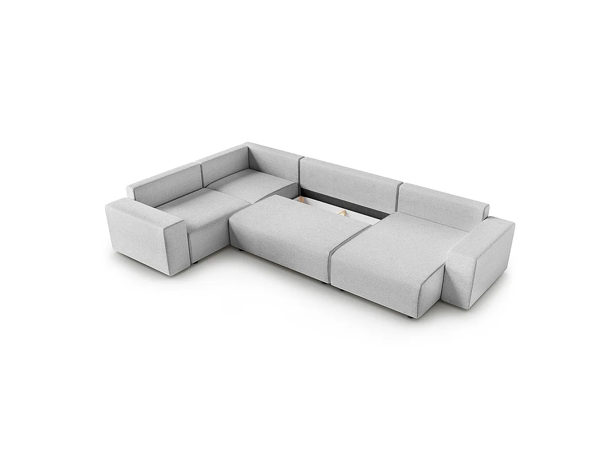 Canapé d'angle panoramique convertible 5 places avec coffre en tissu gris clair LORENZO