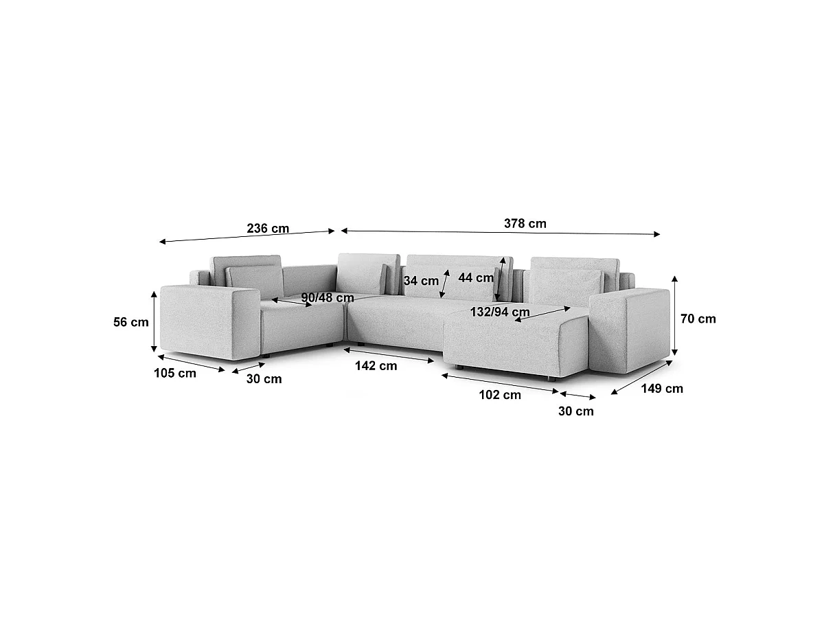 Canapé d'angle panoramique convertible 5 places avec coffre en tissu gris clair LORENZO