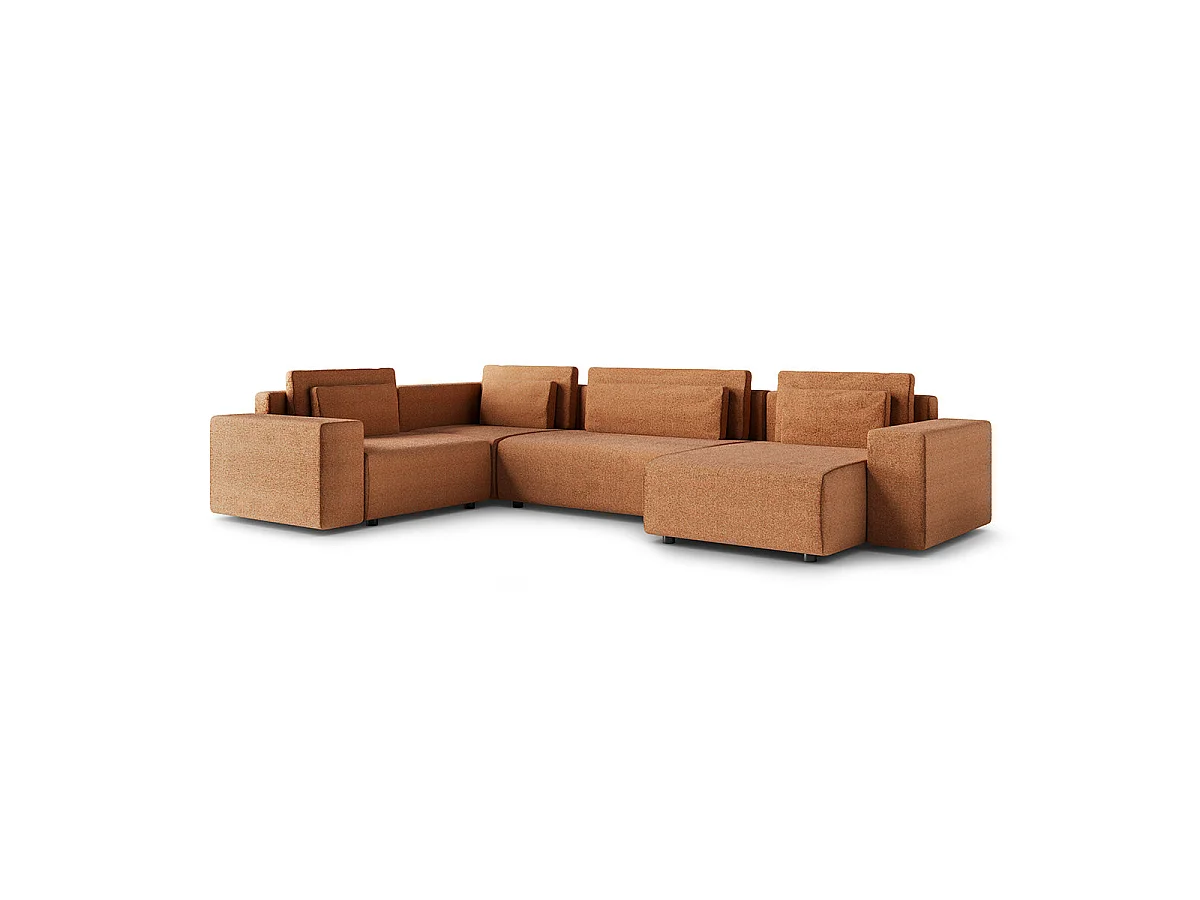 Canapé d'angle panoramique convertible 5 places avec coffre en tissu orange LORENZO
