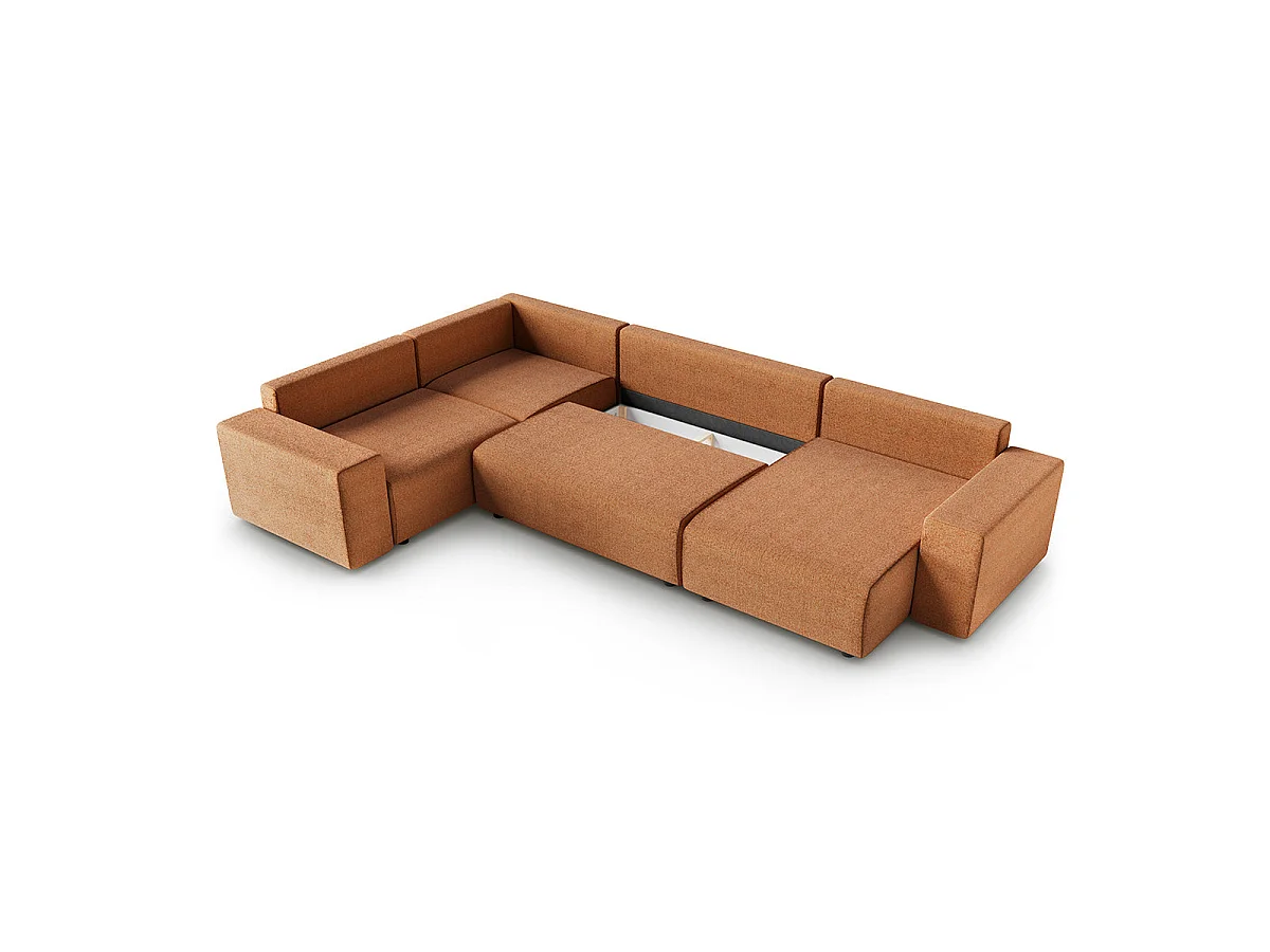 Canapé d'angle panoramique convertible 5 places avec coffre en tissu orange LORENZO