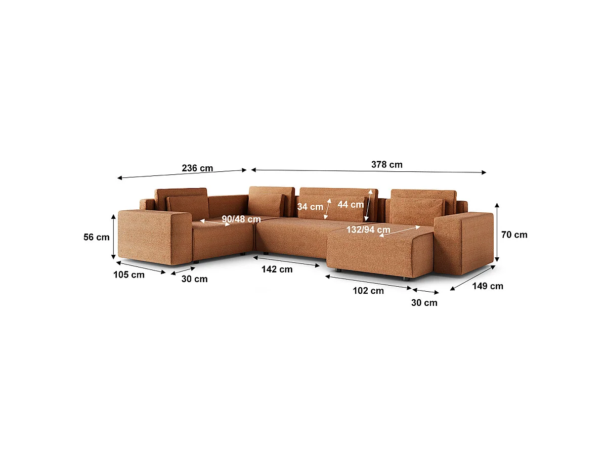 Canapé d'angle panoramique convertible 5 places avec coffre en tissu orange LORENZO
