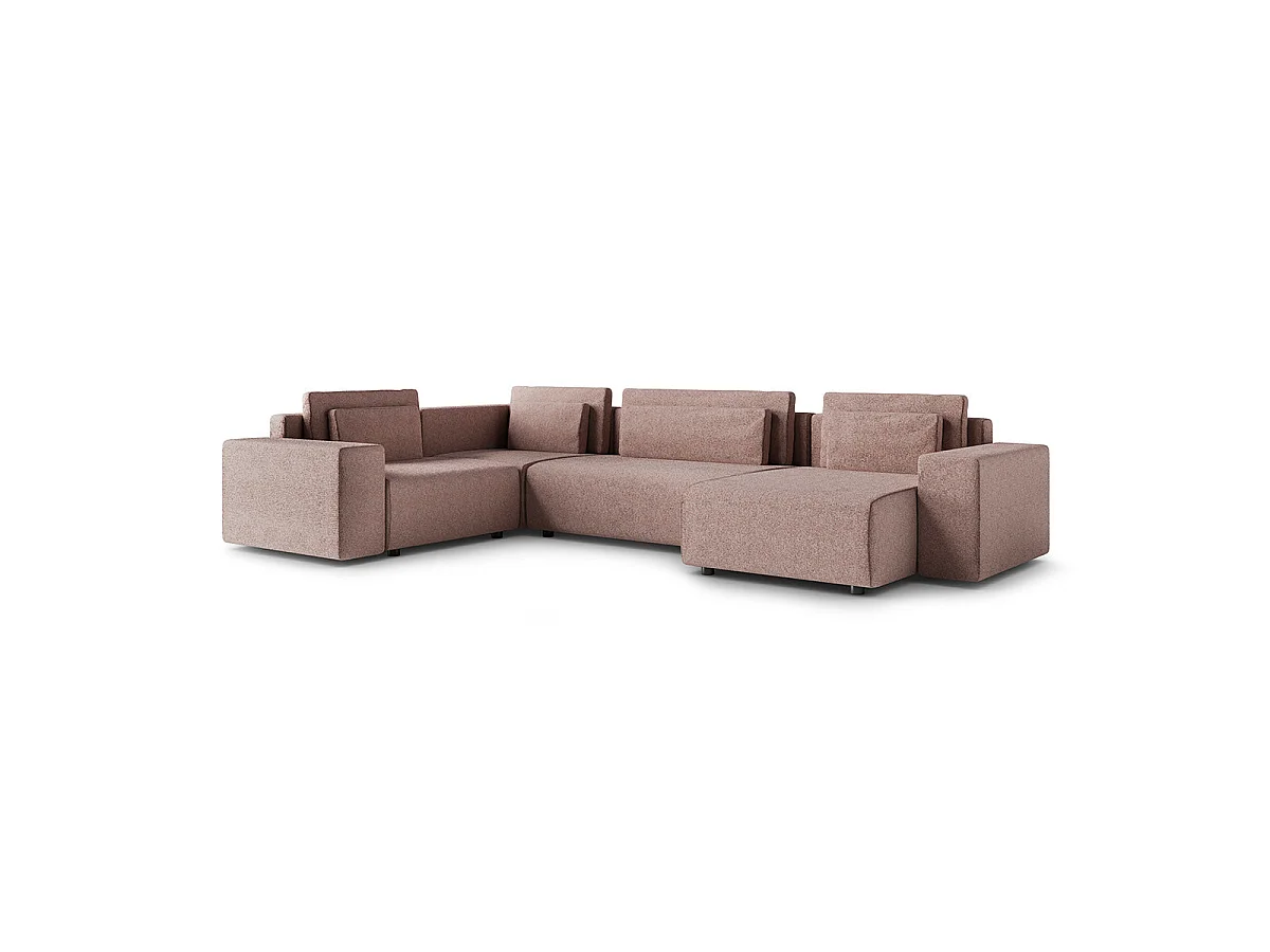 Canapé d'angle panoramique convertible 5 places avec coffre en tissu rose LORENZO