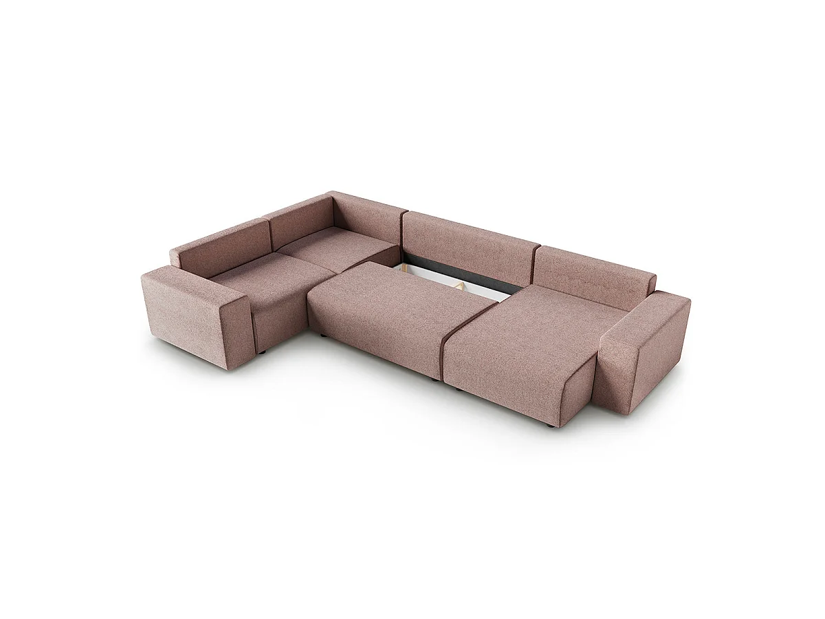 Canapé d'angle panoramique convertible 5 places avec coffre en tissu rose LORENZO