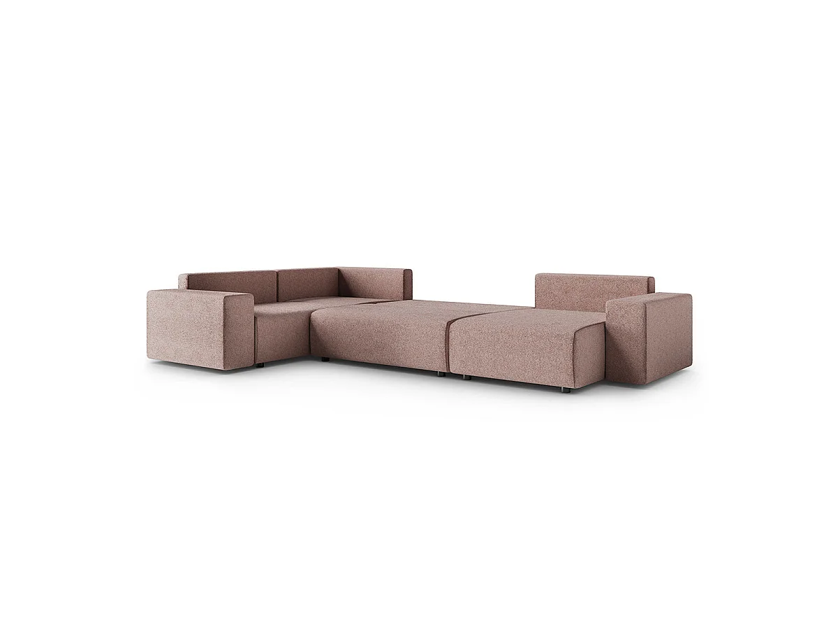 Canapé d'angle panoramique convertible 5 places avec coffre en tissu rose LORENZO