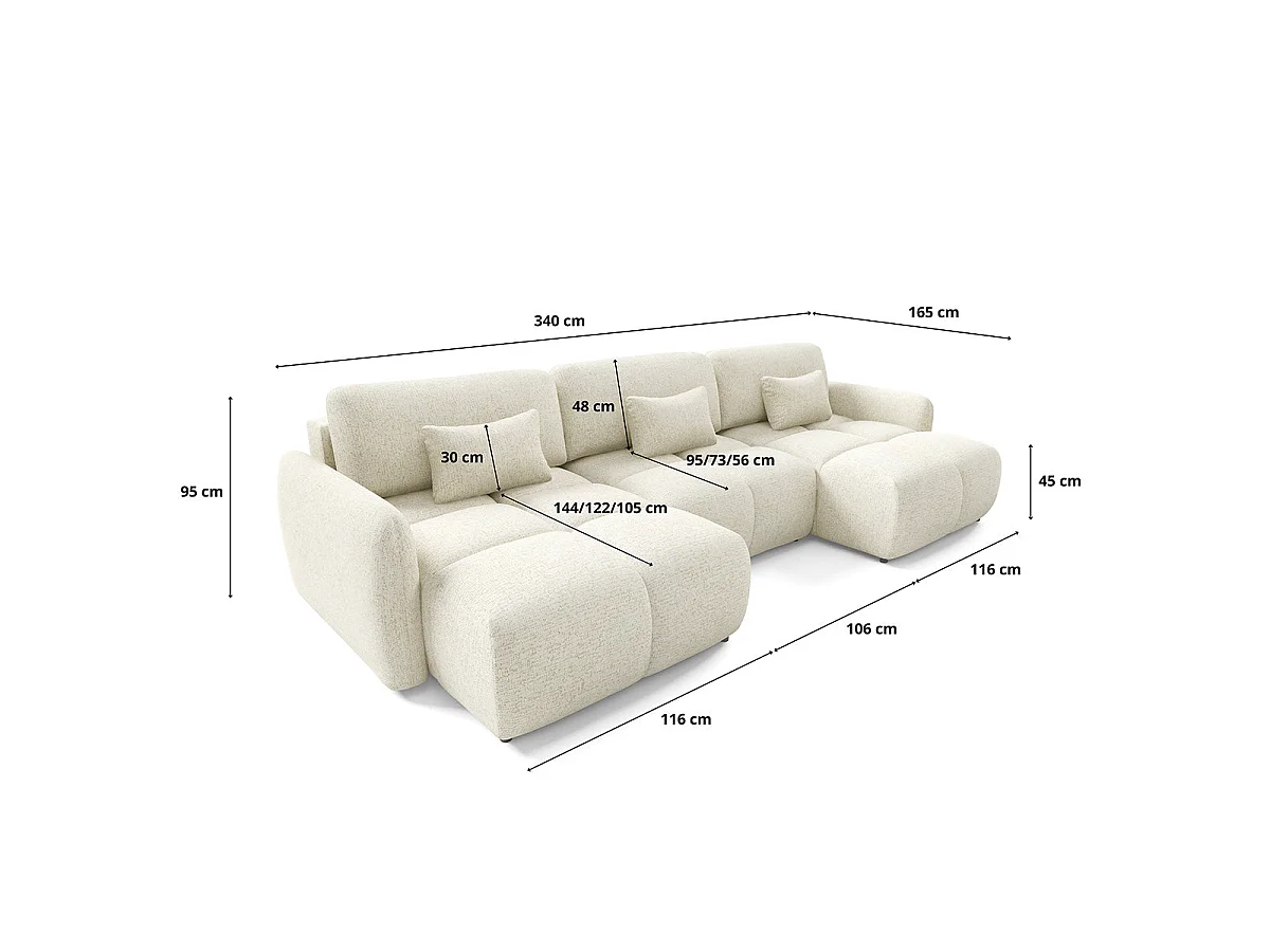 Canapé convertible 5 places avec coffre en tissu blanc VITTORIA