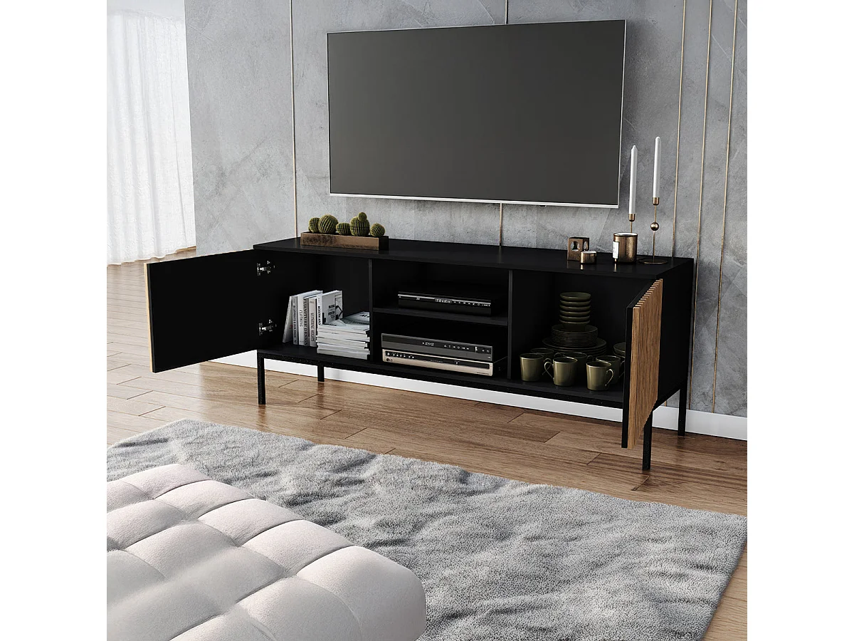 150 cm TV Stand with 2 Doors, Melchior Black and Wood