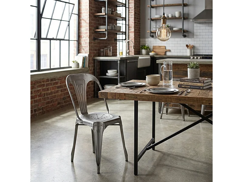 Lot 2 chaises vintage en métal gris argenté style industriel - METALICA