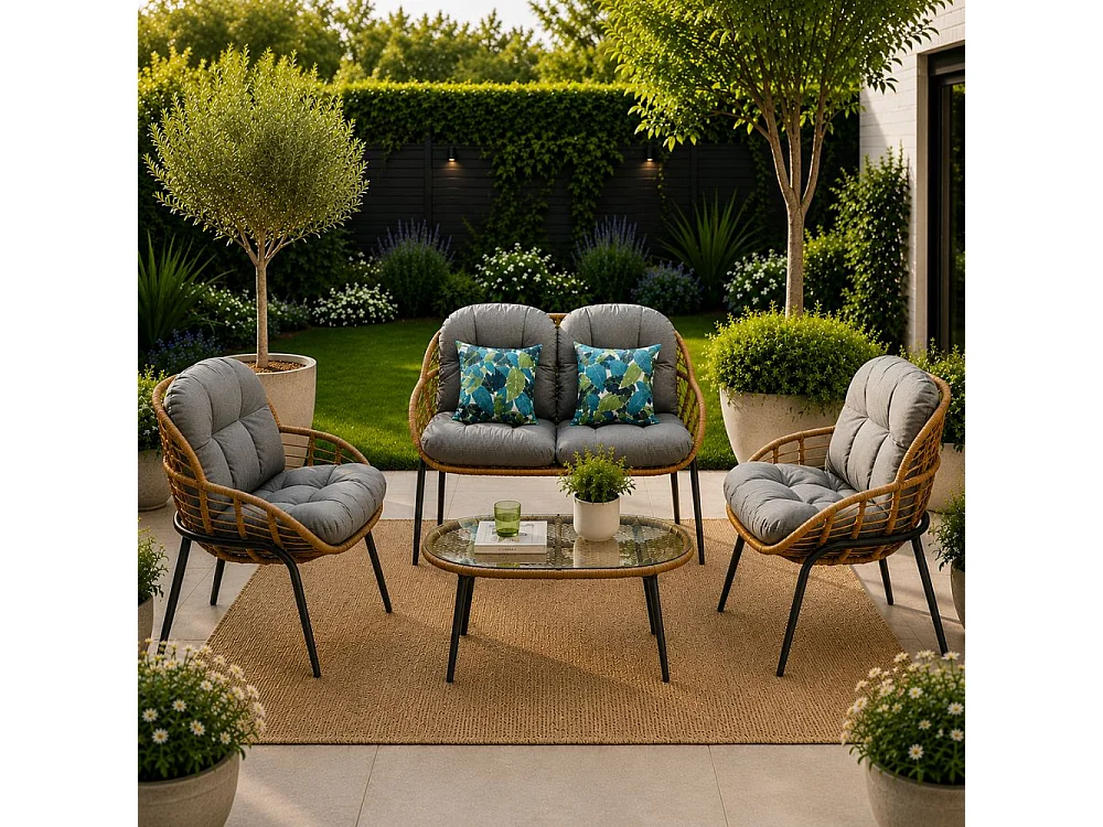 Salotto da Giardino 4 Posti Set Divano Poltrone e Tavolino con Cuscini in Rattan Intrecciato Struttura Acciaio, Veranda Terrazzo o Bar