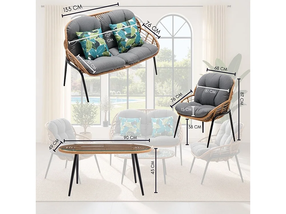 Salotto da Giardino 4 Posti Set Divano Poltrone e Tavolino con Cuscini in Rattan Intrecciato Struttura Acciaio, Veranda Terrazzo o Bar