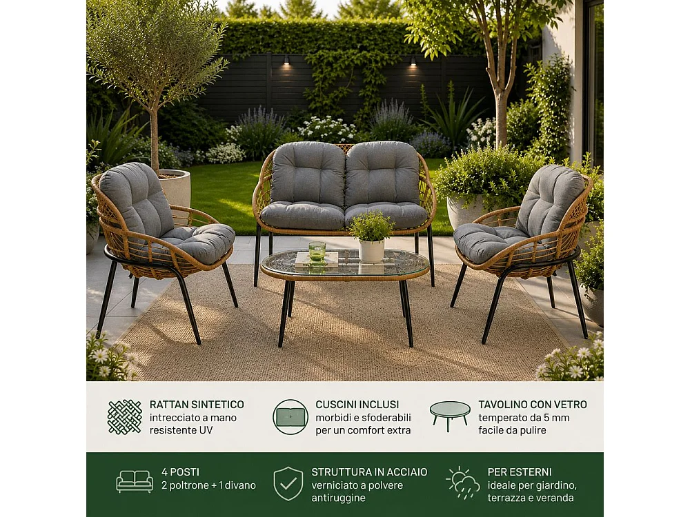 Salotto da Giardino 4 Posti Set Divano Poltrone e Tavolino con Cuscini in Rattan Intrecciato Struttura Acciaio, Veranda Terrazzo o Bar