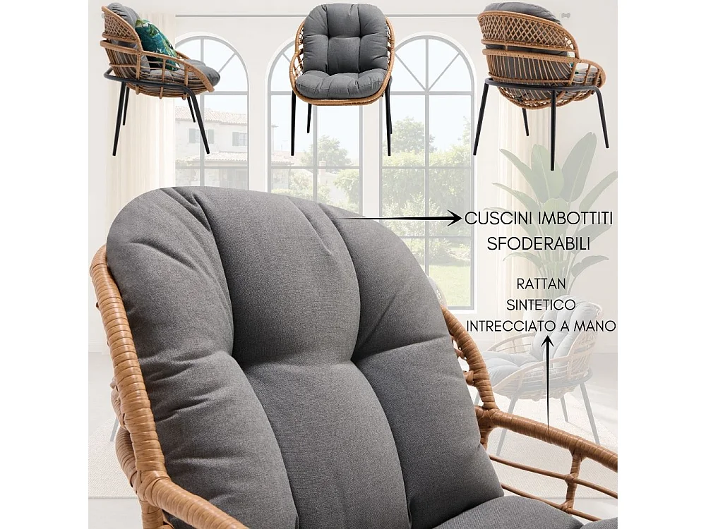 Salotto da Giardino 4 Posti Set Divano Poltrone e Tavolino con Cuscini in Rattan Intrecciato Struttura Acciaio, Veranda Terrazzo o Bar