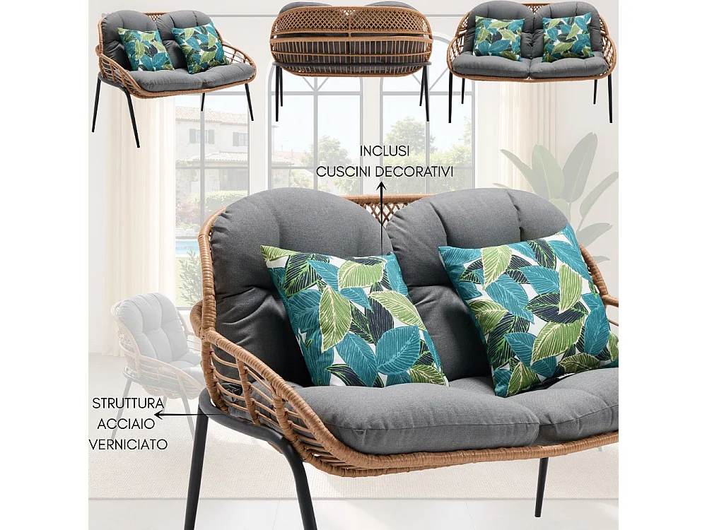 Salotto da Giardino 4 Posti Set Divano Poltrone e Tavolino con Cuscini in Rattan Intrecciato Struttura Acciaio, Veranda Terrazzo o Bar