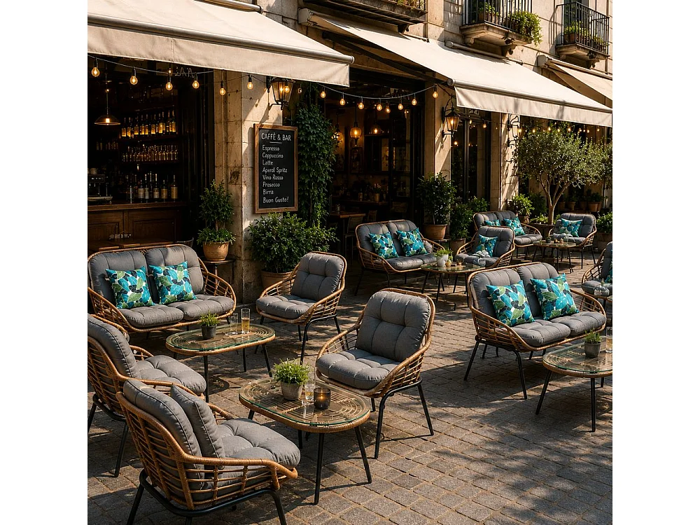 Salotto da Giardino 4 Posti Set Divano Poltrone e Tavolino con Cuscini in Rattan Intrecciato Struttura Acciaio, Veranda Terrazzo o Bar