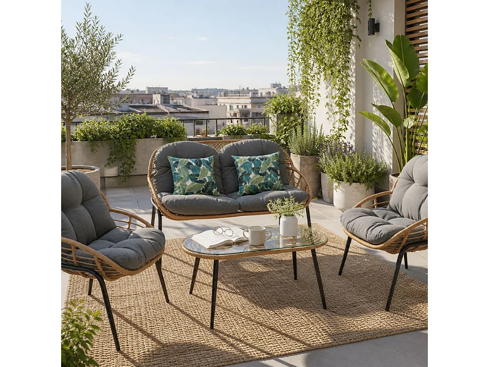 Salotto da Giardino 4 Posti Set Divano Poltrone e Tavolino con Cuscini in Rattan Intrecciato Struttura Acciaio, Veranda Terrazzo o Bar