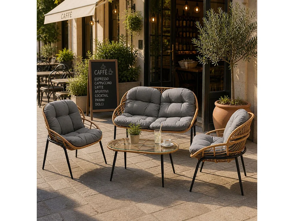 Salotto da Giardino 4 Posti Set Divano Poltrone e Tavolino con Cuscini in Rattan Intrecciato Struttura Acciaio, Veranda Terrazzo o Bar