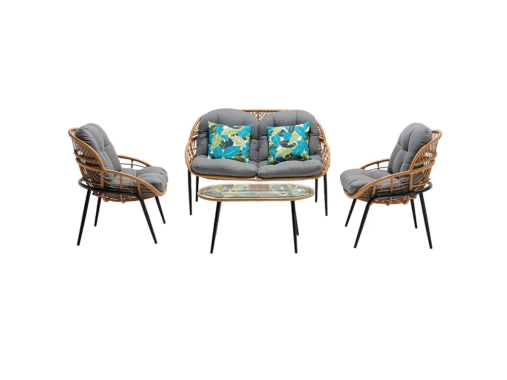 Salotto da Giardino 4 Posti Set Divano Poltrone e Tavolino con Cuscini in Rattan Intrecciato Struttura Acciaio, Veranda Terrazzo o Bar