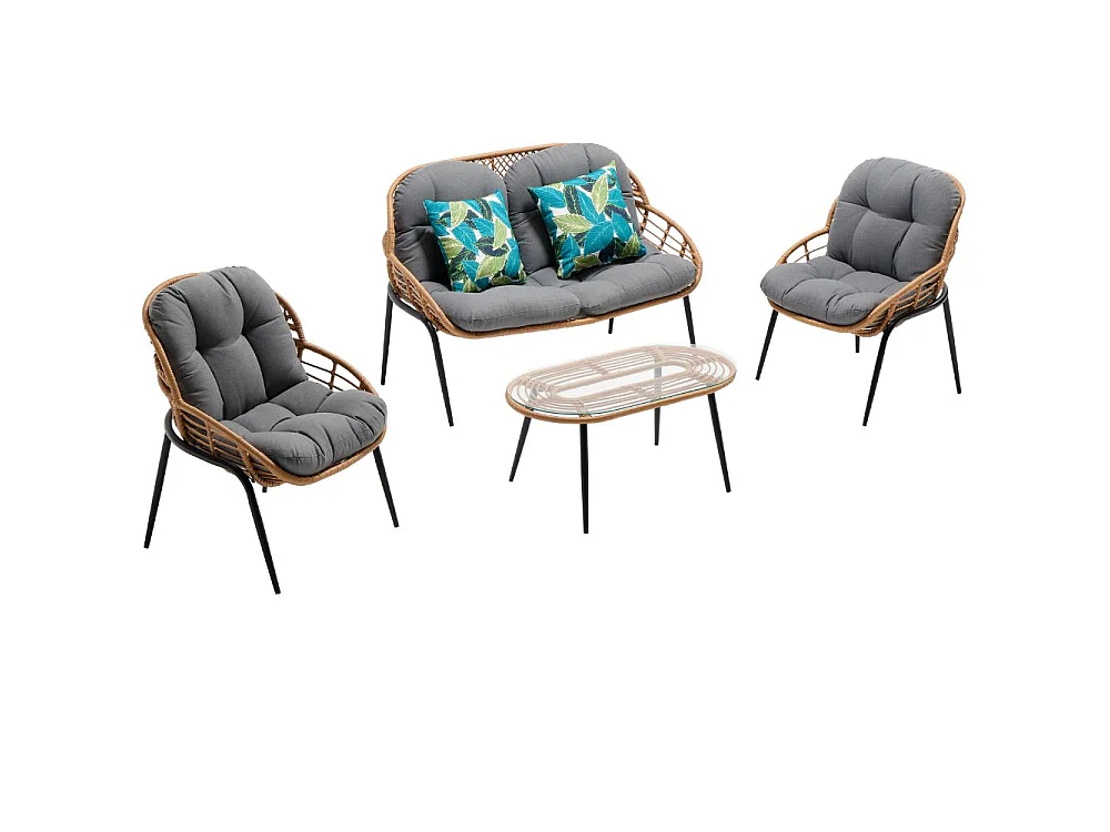 Salotto da Giardino 4 Posti Set Divano Poltrone e Tavolino con Cuscini in Rattan Intrecciato Struttura Acciaio, Veranda Terrazzo o Bar