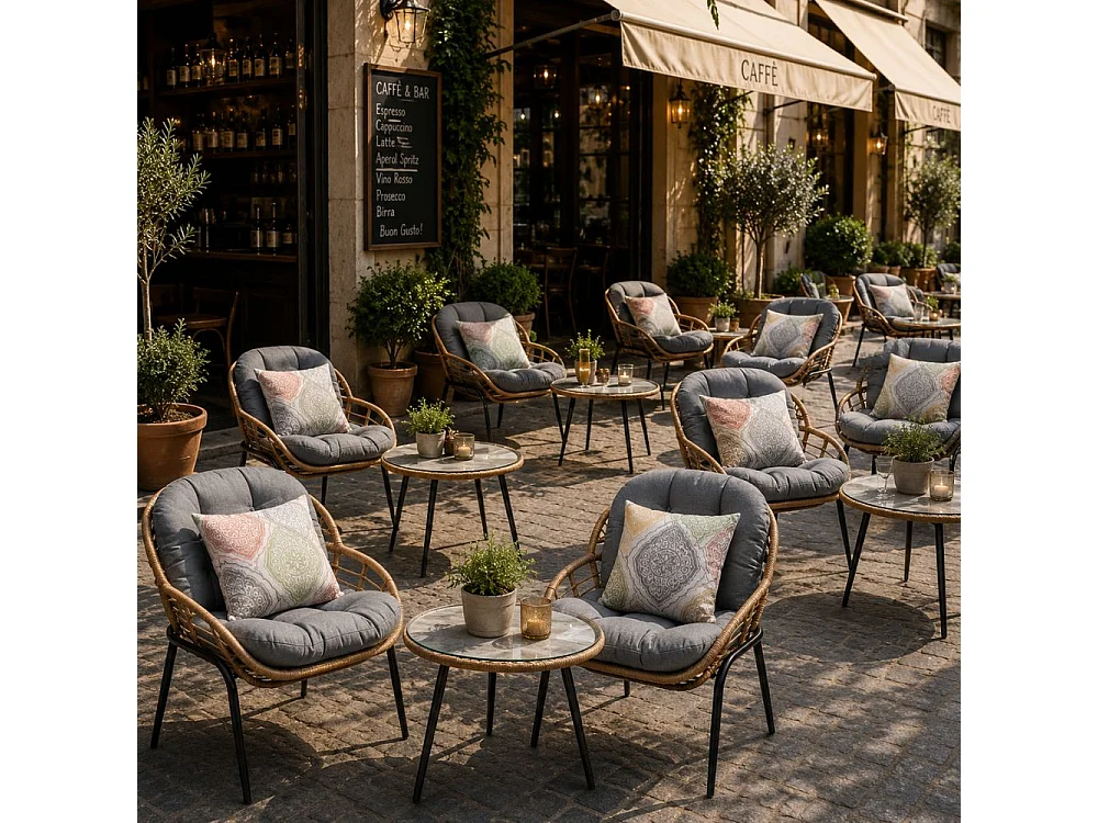 Set Bistrot da Giardino Tavolo e Sedie con Cuscini 2 Posti Salottino da Esterno per Balcone e Terrazza, Rattan Sintetico e Acciaio