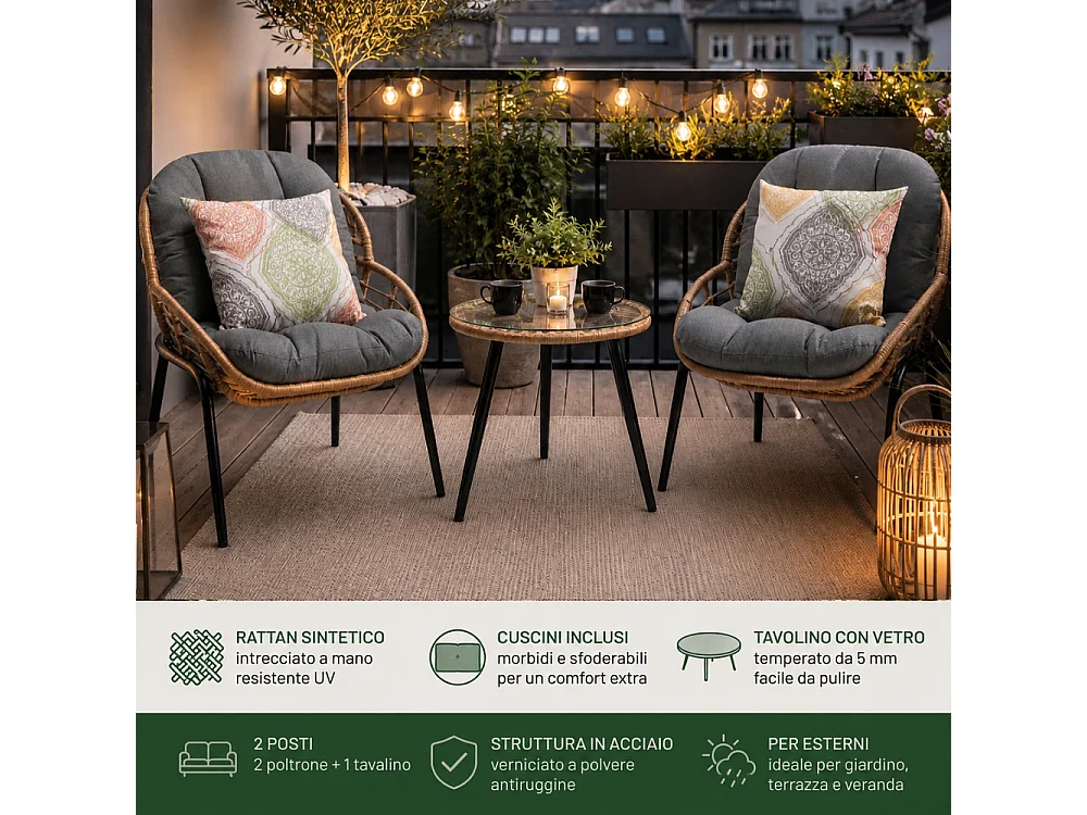 Set Bistrot da Giardino Tavolo e Sedie con Cuscini 2 Posti Salottino da Esterno per Balcone e Terrazza, Rattan Sintetico e Acciaio