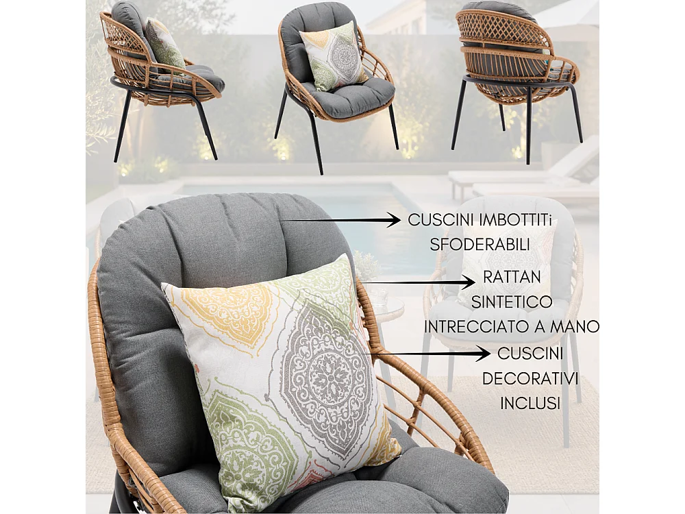 Set Bistrot da Giardino Tavolo e Sedie con Cuscini 2 Posti Salottino da Esterno per Balcone e Terrazza, Rattan Sintetico e Acciaio