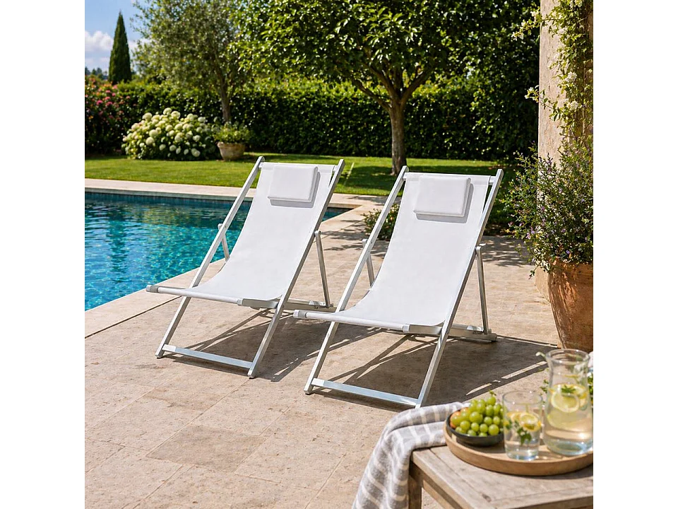 Set 2 Sedia Sdraio Pieghevole con Cuscino Rimovibile, Alluminio e Textilene per Spiaggia, Mare Piscina - Bianco