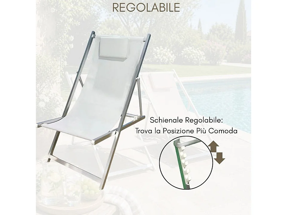 Set 2 Sedia Sdraio Pieghevole con Cuscino Rimovibile, Alluminio e Textilene per Spiaggia, Mare Piscina - Bianco