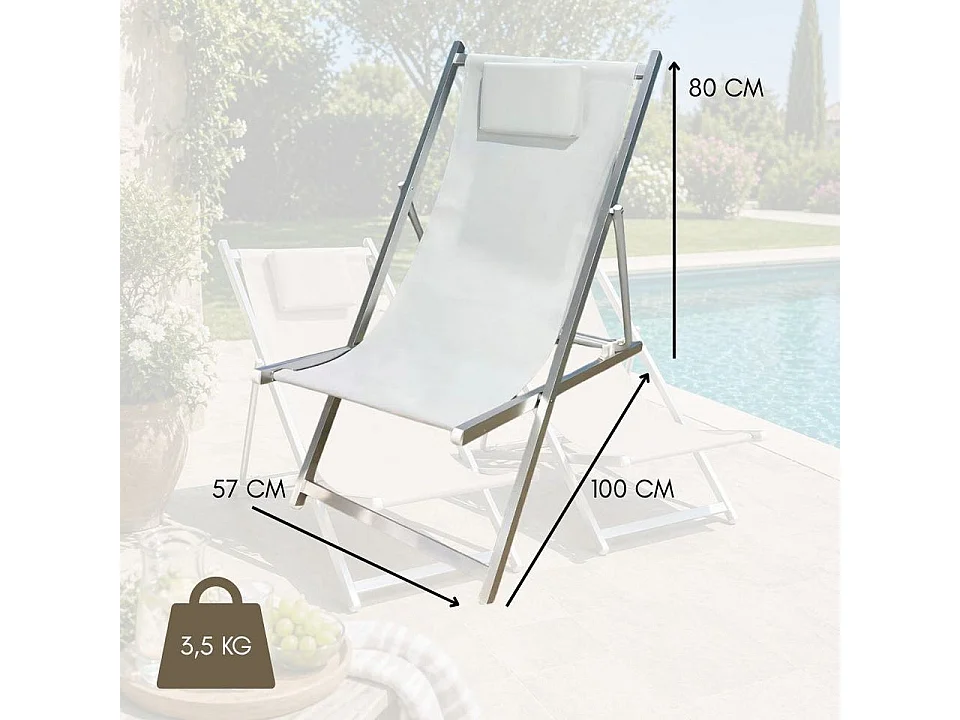Set 2 Sedia Sdraio Pieghevole con Cuscino Rimovibile, Alluminio e Textilene per Spiaggia, Mare Piscina - Bianco