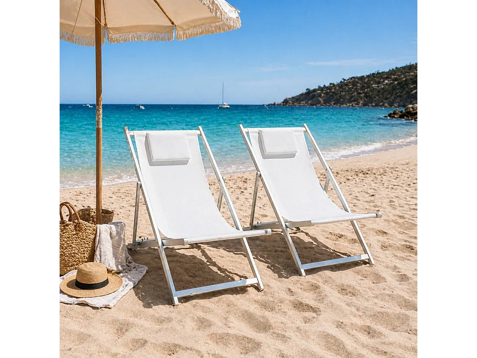 Set 2 Sedia Sdraio Pieghevole con Cuscino Rimovibile, Alluminio e Textilene per Spiaggia, Mare Piscina - Bianco