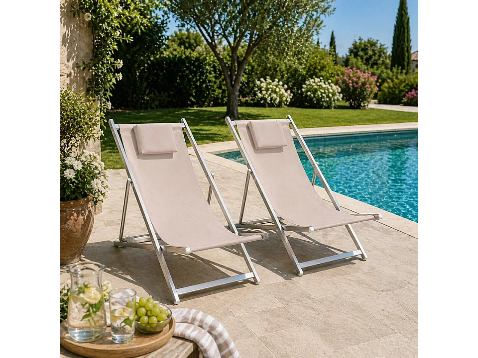 Set 2 Sedia Sdraio Pieghevole con Cuscino Rimovibile, Alluminio e Textilene per Spiaggia, Mare Piscina - Tortora