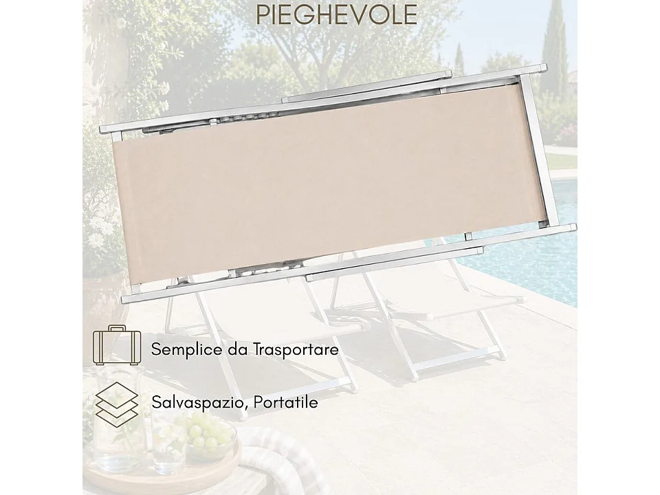 Set 2 Sedia Sdraio Pieghevole con Cuscino Rimovibile, Alluminio e Textilene per Spiaggia, Mare Piscina - Tortora