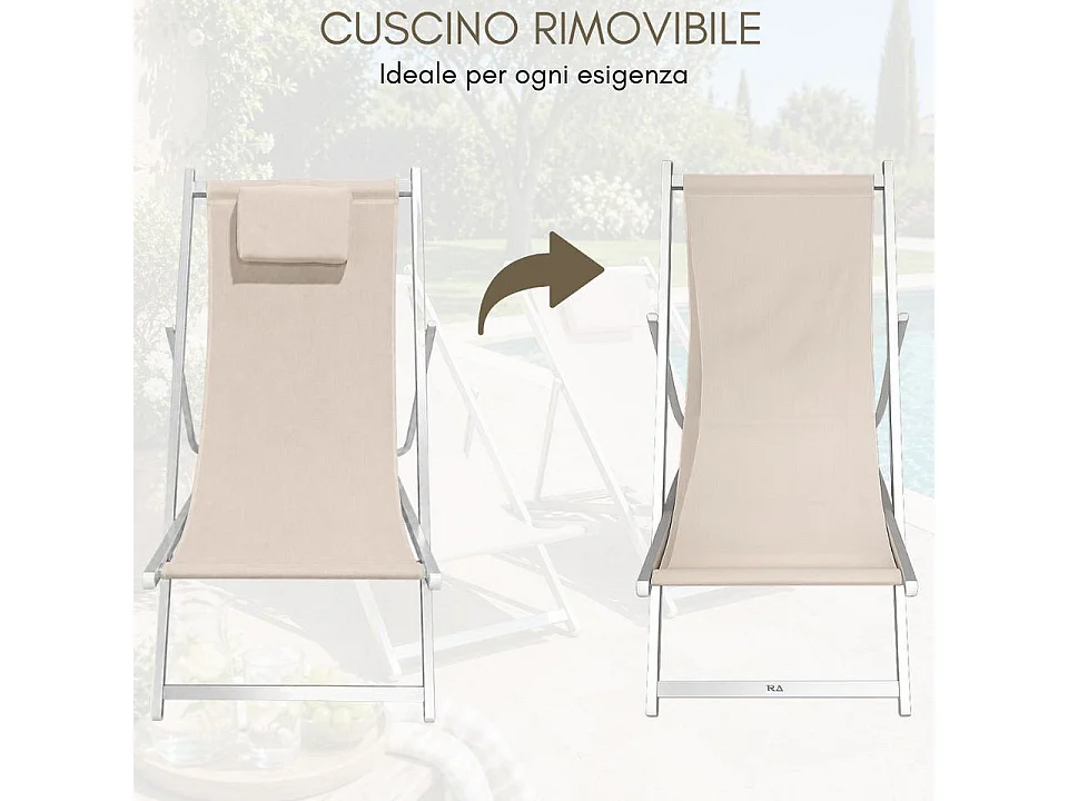 Set 2 Sedia Sdraio Pieghevole con Cuscino Rimovibile, Alluminio e Textilene per Spiaggia, Mare Piscina - Tortora