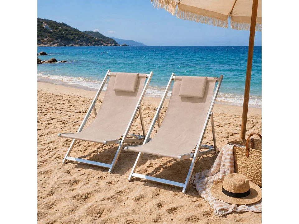 Set 2 Sedia Sdraio Pieghevole con Cuscino Rimovibile, Alluminio e Textilene per Spiaggia, Mare Piscina - Tortora