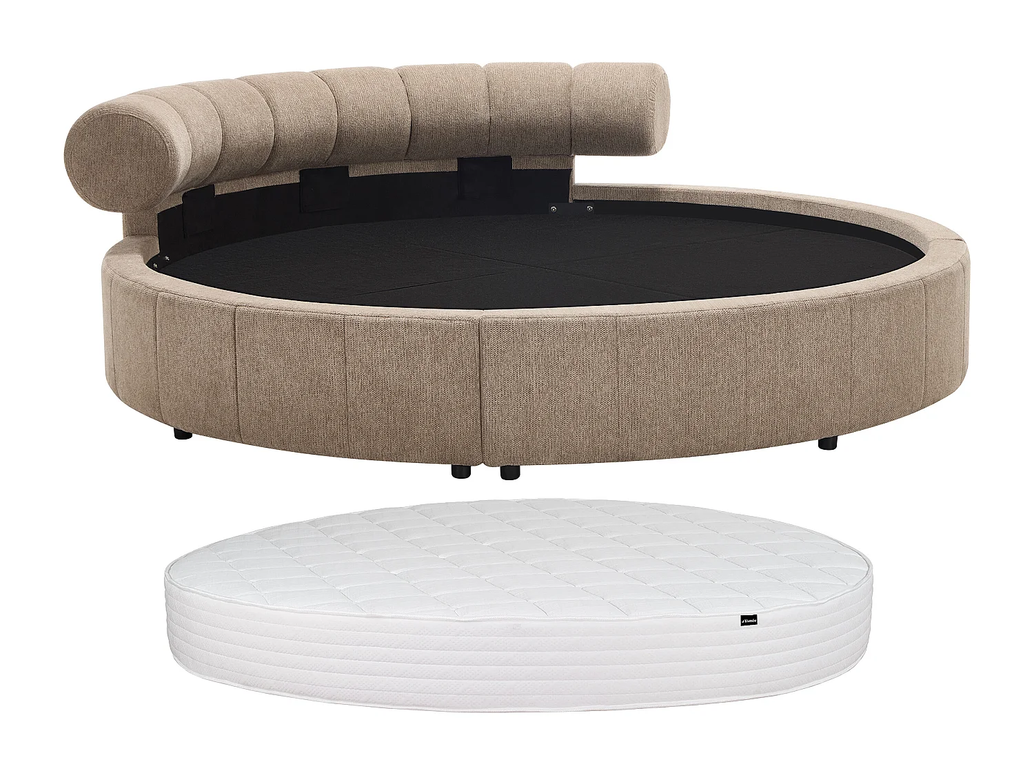 Lit rond 220 x 220 cm - Tissu texturé - Taupe + Matelas - ROGILA