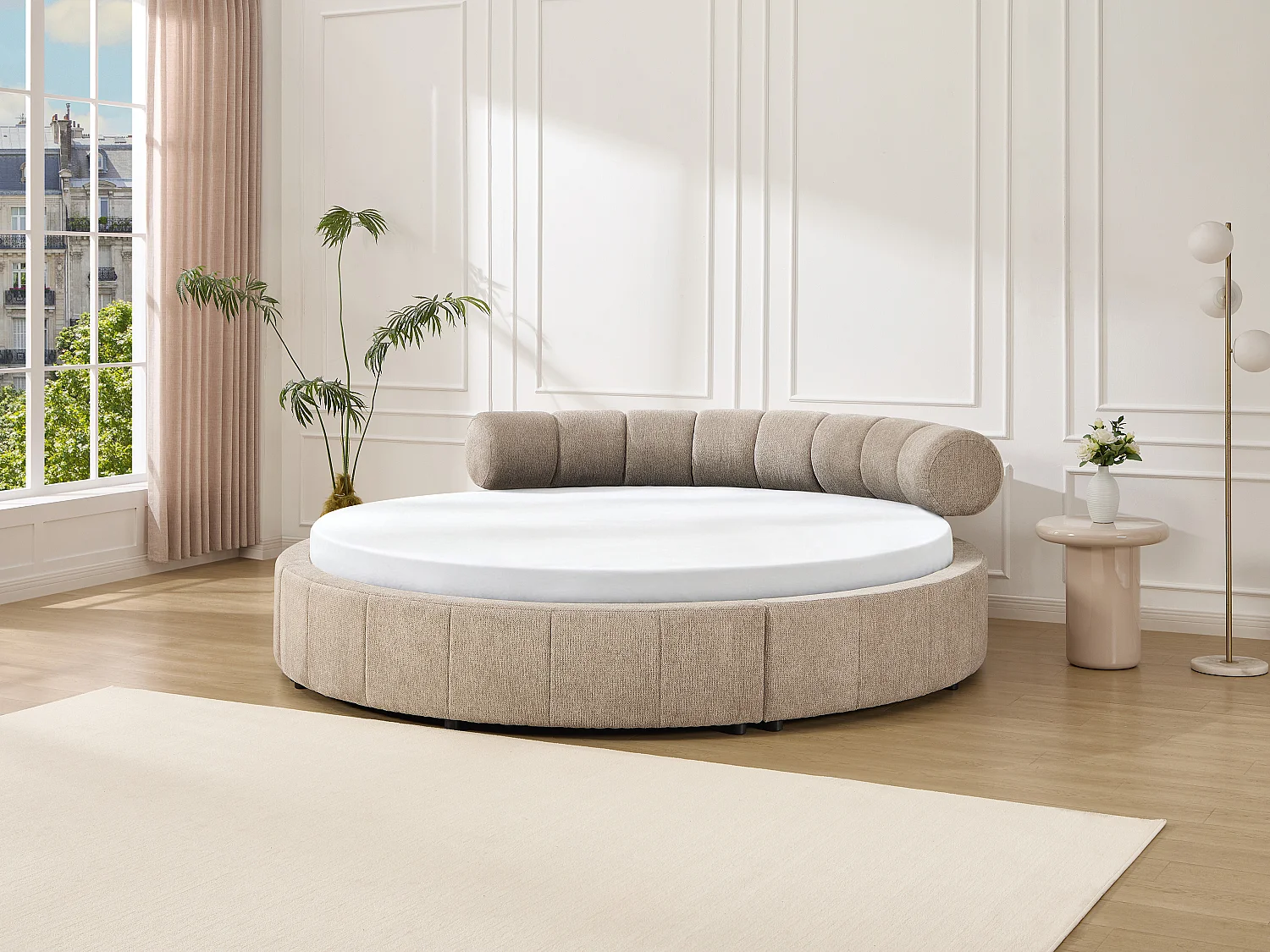 Lit rond 220 x 220 cm - Tissu texturé - Taupe + Matelas - ROGILA