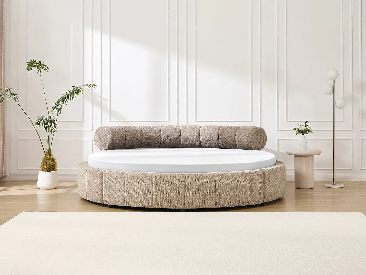 Lit rond 220 x 220 cm - Tissu texturé - Taupe + Matelas - ROGILA