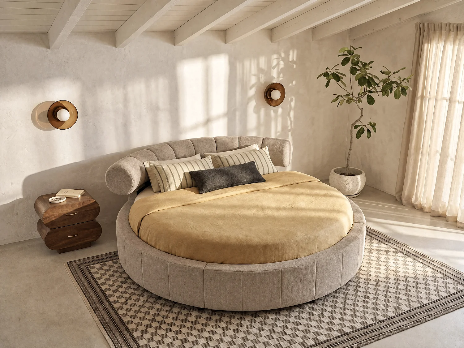 Lit rond 220 x 220 cm - Tissu texturé - Taupe + Matelas - ROGILA