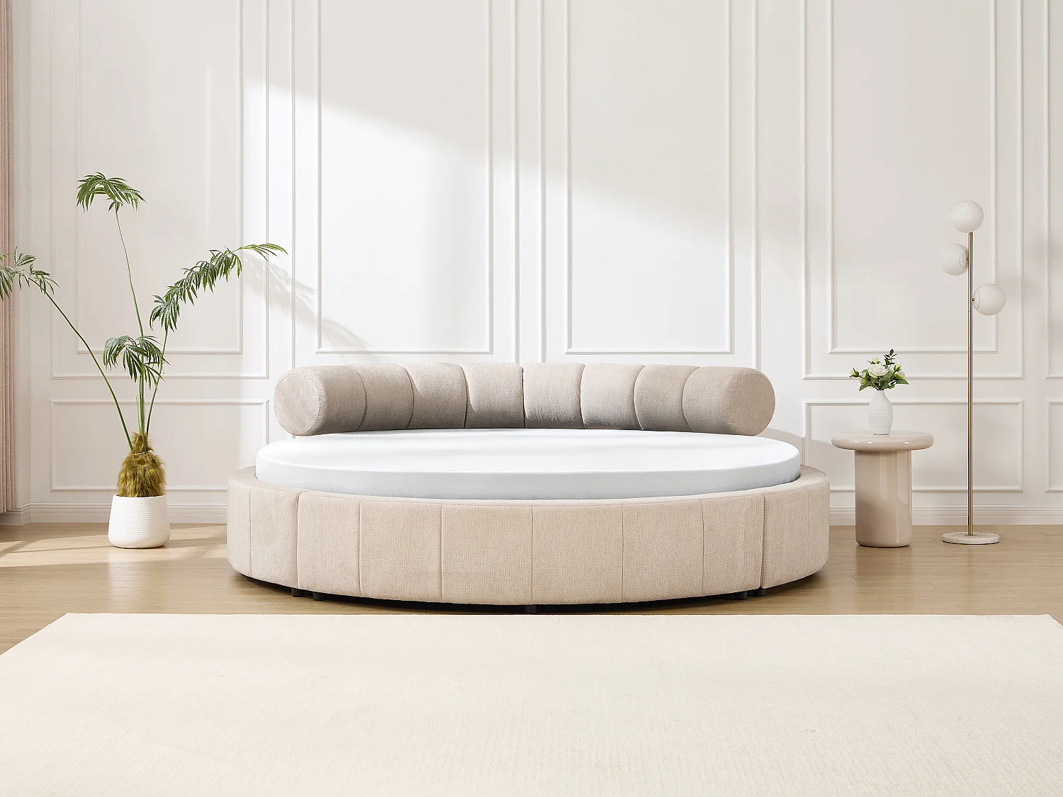 Lit rond 220 x 220 cm - Tissu texturé - Beige + Matelas - ROGILA