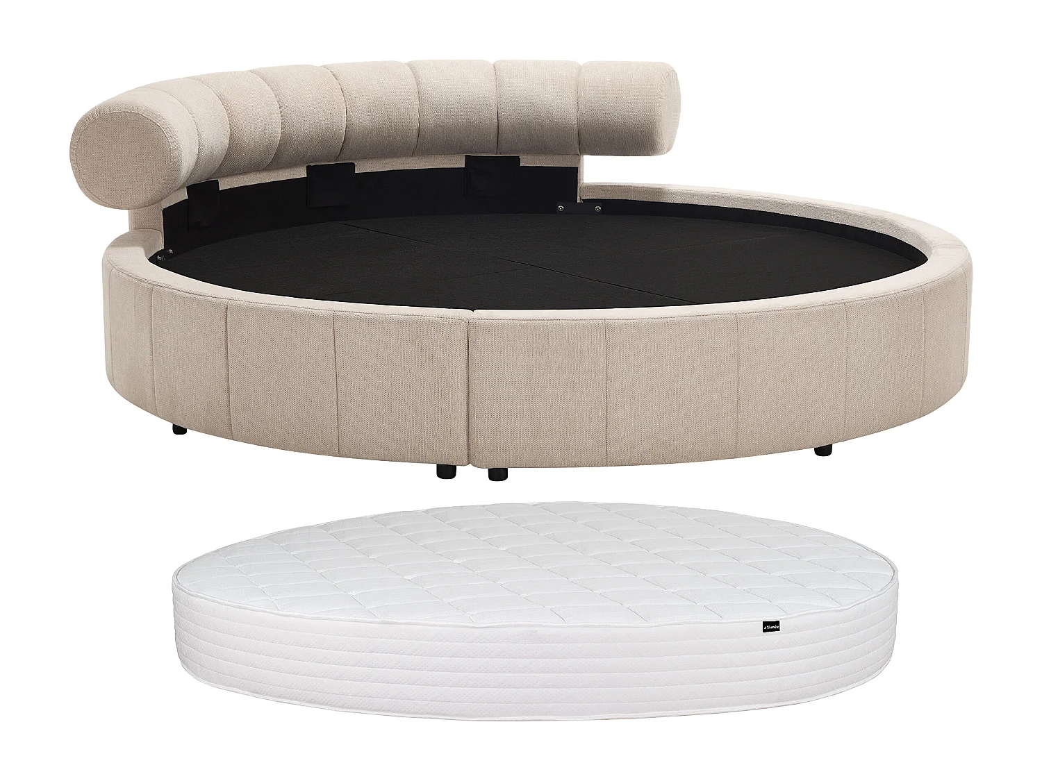 Lit rond 220 x 220 cm - Tissu texturé - Beige + Matelas - ROGILA